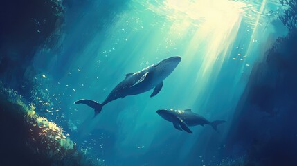 Fototapeta premium Spectacular Underwater Scene featuring Two Whales Bathing in Sunlit Waters