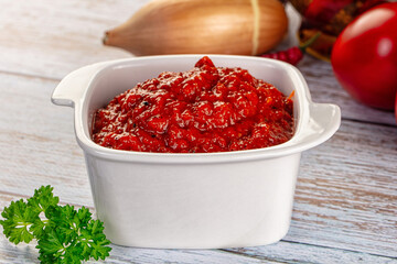 Bulgarian traditional lutenica pepper sauce