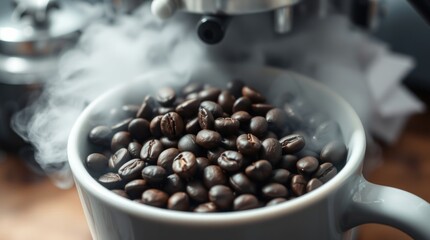 Fototapeta premium Freshly brewed coffee beans steaming in a mug