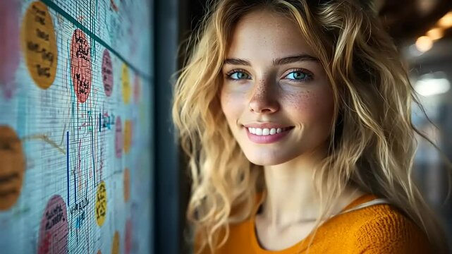 Young woman smiling beside colorful wall chart indoors