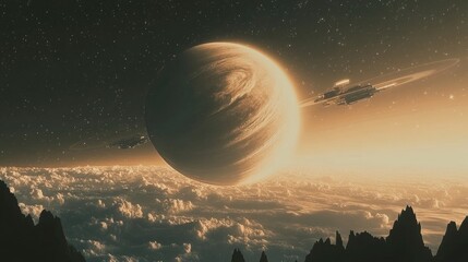 Spectacular interplanetary view showcasing a ringed planet with a spaceship passing by