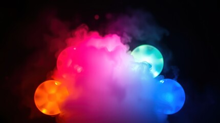Obraz premium Colorful glowing orbs surrounded by vibrant smoke. Multicolored spheres emitting neon light, enveloped in a cloud of smoke. A captivating display of light and mist