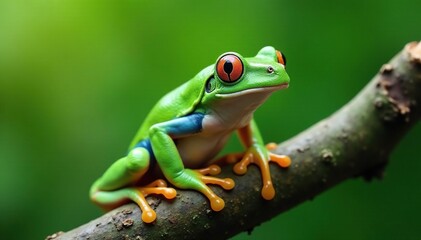 Obraz premium Green tree frog perched on white, vibrant color , single, white background, vibrant