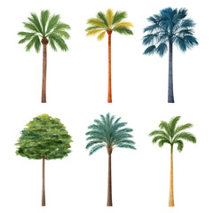 Fototapeta premium Various Palm Tree Illustrations in Different Styles and Colors, isolated on transparent background.
