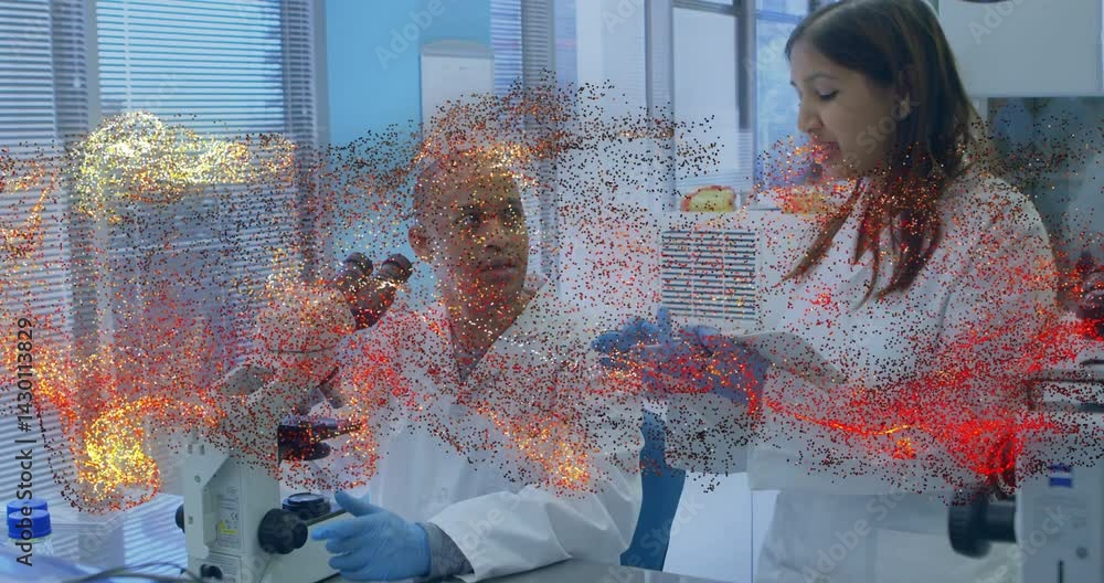 Poster scientists examining lab sample while integrating animated molecular graphics and data charts