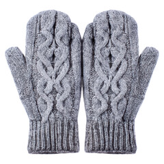 Cozy Knitted Gray Mittens with Cable Knit Design for Winter Warmth, isolated on transparent background.