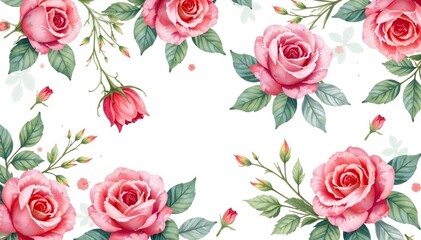 Delicate watercolor roses and leaves, repeating pattern, bud, summer pattern, elegant