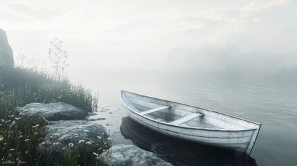Serene Misty Lake Scene with White Rowboat