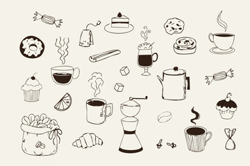 Breakfast tea and coffee sketch retro hand drawn cafe menu elements. Vintage dessert whimsical doodle drawing, Croissant and morning coffee mug, cappuccino beverage.