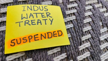Indus Water Treaty sticky note, Depicting Geopolitical Challenges and Water Security Concerns in South Asia. Concept for International Conflict, Diplomatic Impasse, and Resource Allocation.