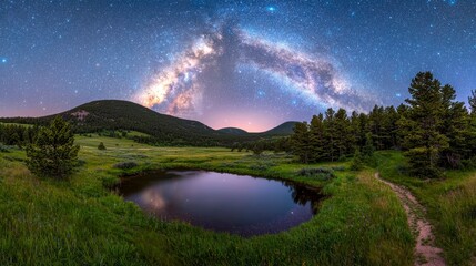 Starlit Night Sky Over Serene Pond Surrounded By Lush Green Hills