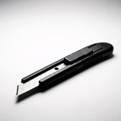 Black stationery knife on a white background. Shallow depth of field.