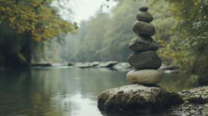 Serene Stacked Stones by Calm River in Misty Forest