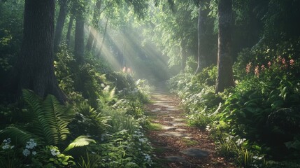 A tranquil forest path surrounded by lush greenery, with dappled sunlight creating a peaceful, joyful atmosphere.