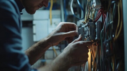Electrician installing a light switch in a home. Featuring focus and technical skill
