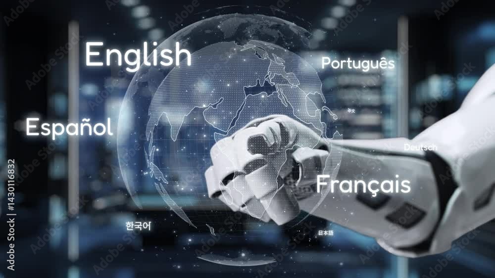 Poster robotic hand pointing to global languages with digital globe background for technology and communica