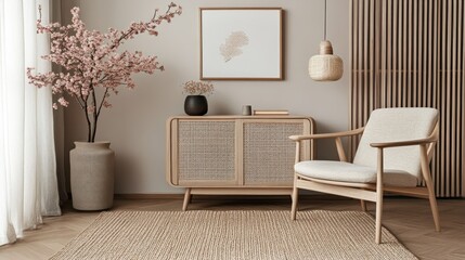 Beige, minimalist living room with statement decor.