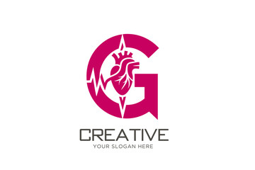 Letter G with Heartbeat Sign Logo Design. Cardiac Logo Design. Medical Logo.