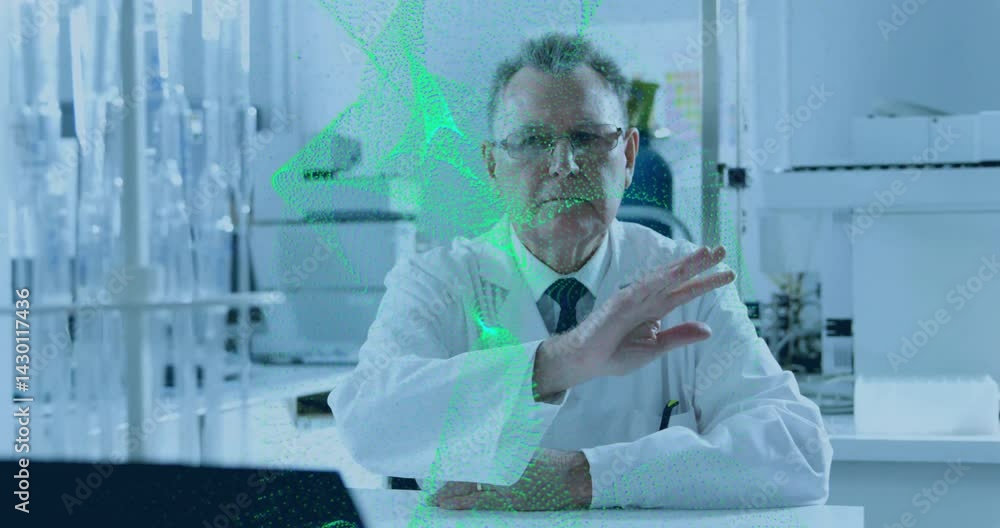 Aufkleber senior male scientist gesturing toward green network above test tubes in tech lab showing data