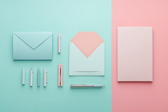 Pastel stationery flat lay.  A collection of pastel-colored envelopes, pens, and a notebook arranged on a teal and pink background.  The image evokes a sense of organization, creativity, 