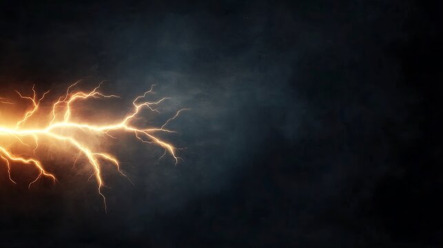 A bright flash of yellow lightning strikes across a dark, stormy and cloudy sky