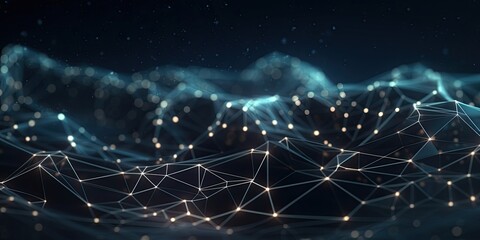 Molecules technology with polygonal shapes on dark blue background. Connecting dots and lines. Low poly shape. Abstract futuristic digital technology concept. Generative AI.