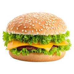 Fresh and Juicy Hamburger with Lettuce and Cheese on Sesame Bun, isolated on transparent background.