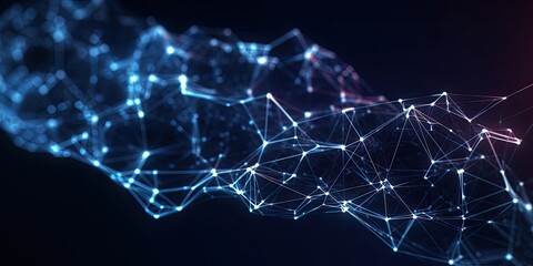 Molecules technology with polygonal shapes on dark blue background. Connecting dots and lines. Low poly shape. Abstract futuristic digital technology concept. Generative AI.