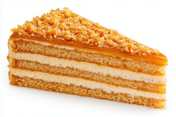 Fototapeta premium Delicious honey cake slice with creamy layers, caramel topping, crunchy texture, sweet flavor, and satisfying dessert experience