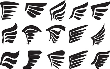 Angel wing tattoo silhouettes on white. Eagle wing icons. Birds Or Angel Emblem Design Elements Tattoo Or Insignia. Spirituality, freedom, protection, and a connection between earthly and heavenly