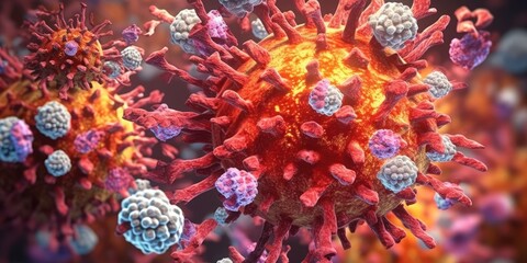 Antibody and viral infection colony structure, Antibodies attacking virus cell into the bloodstream. immune defense of body. Coronavirus covid-19 flu disease, medical science. generative ai.