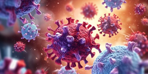 Antibody and viral infection colony structure, Antibodies attacking virus cell into the bloodstream. immune defense of body. Coronavirus covid-19 flu disease, medical science. generative ai.