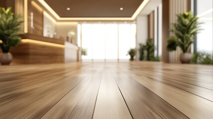 Modern wooden floor in a spacious lobby with large windows and plants.