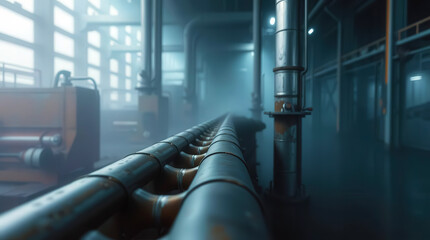 A dark and moody industrial scene with a long pipe running down the center of the room with natural