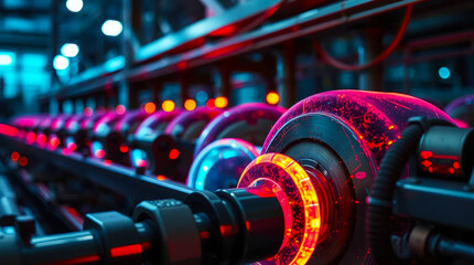 A row of colorful machinery with neon lights in an industrial setting with many details and textures