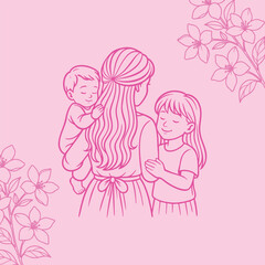 Mother Day. Illustration of a mother holding a baby, surrounded by flowers, in a pink background, line art. Mother back baby and daughter jasmine background.
