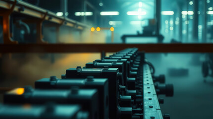 A dimly lit industrial conveyor belt with machinery in the background and a sense of motion and acti