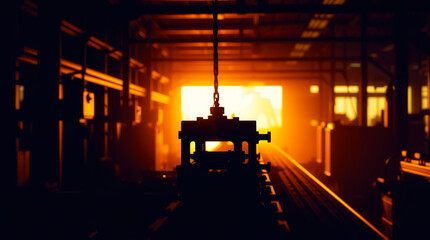 a dark warehouse with a bright light at the end of the tracks leading to an industrial area with a l