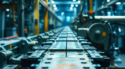 A long shot of a metal conveyor belt in an industrial setting with machinery and equipment in the ba