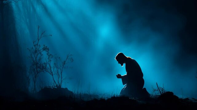 Silhouette of jesus in deep prayer at gethsemane before betrayal and crucifixion


