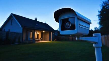 Automated security camera monitoring backyard serene twilight setting soft blue tones bird's-eye view angle