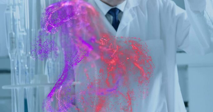 Senior scientist examining vial inside science lab, showing floating red purple molecular hologram - Powered by Adobe