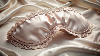 Fototapeta premium Pink satin sleep mask on silk bedding with lace detail