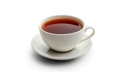 White teacup and saucer with hot beverage, studio shot, isolated on white background