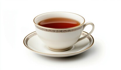 Delicate teacup and saucer, filled with hot tea, studio shot on white background
