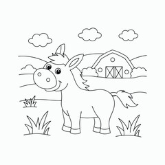 Cartoon Donkey Farm Scene – Black and White Coloring Book Page. coloring page horse