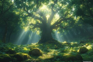 Obraz premium Sunbeams through ancient forest tree.
