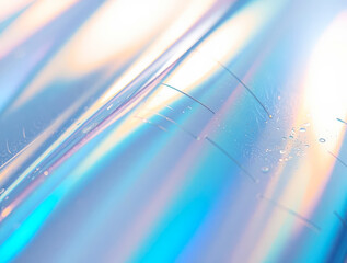 a close up view of a shiny holographic surface with water droplets on it under natural lighting cond