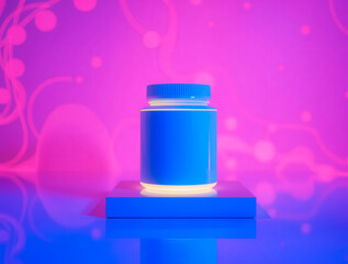 a blue jar sitting on a blue platform with a pink background product photography studio lighting clo