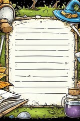Fantasy-themed lined writing paper; perfect for notes, letters, or spells.  Surrounded by whimsical, autumnal elements